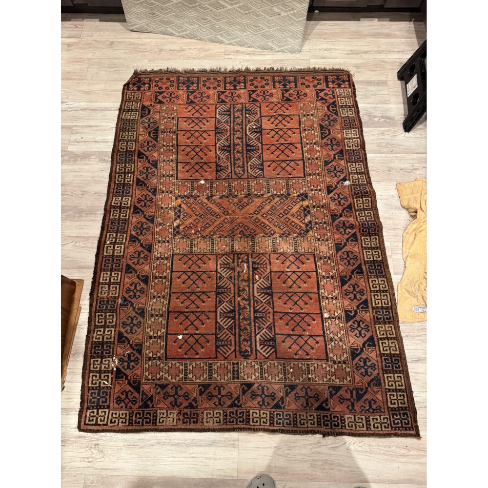 Vintage Tribal Hand Knotted Wool Rug 4x6 Geometric Distressed Terracotta Navy